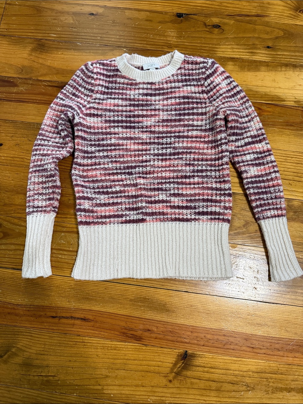 LOFT Cream Crewneck Sweater with Pink and Burgundy Stripes
